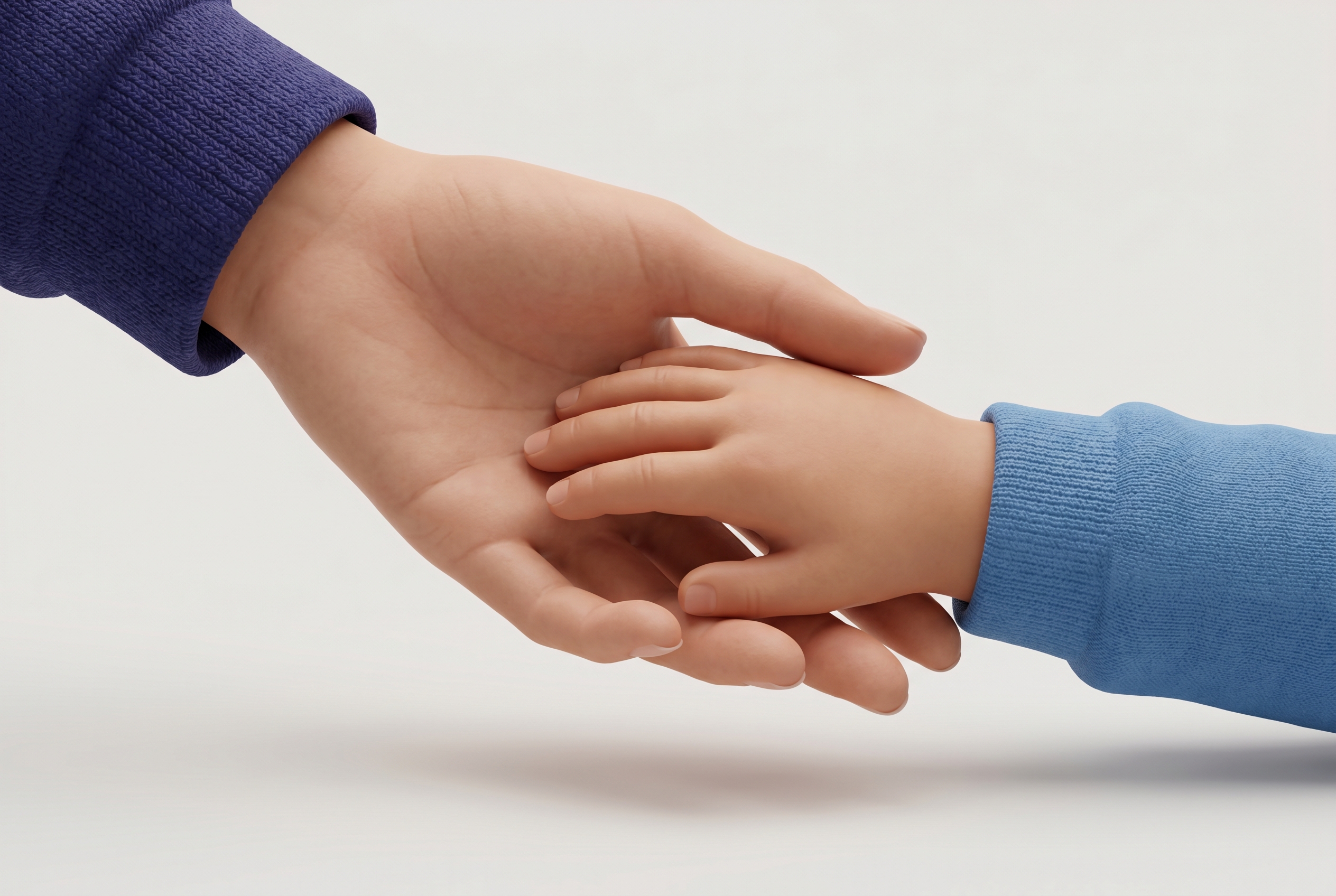An adult's hand gently holding a young child's hand against a plain light background