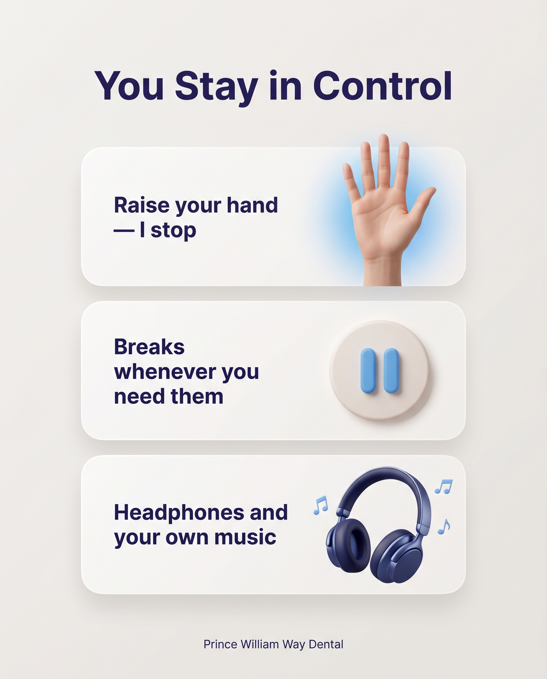 Illustrated card showing a raised hand as a stop signal, a pause symbol for breaks, and headphones for music as three ways an anxious patient stays in control during dental treatment