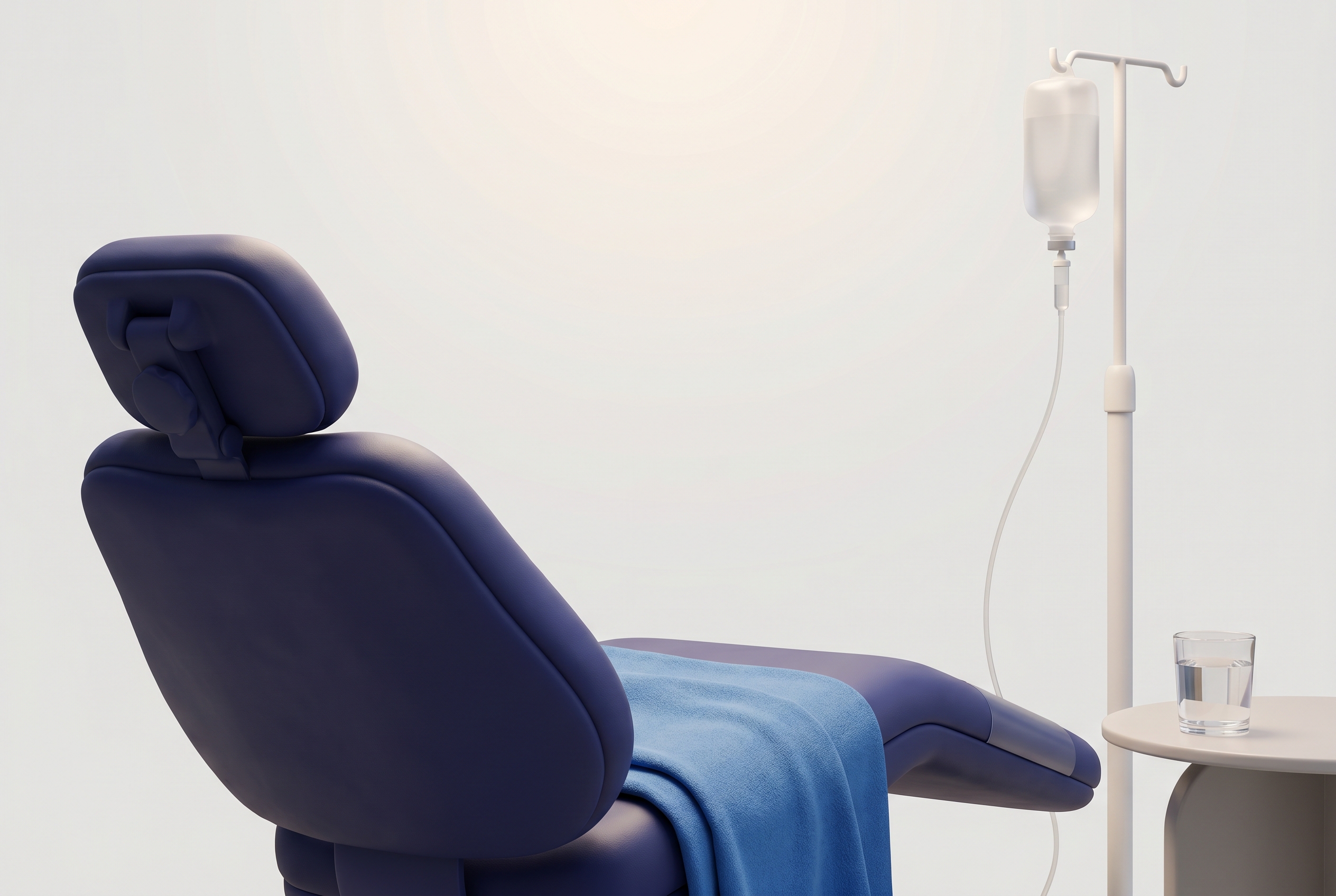Calm illustration of an empty reclined dental chair seen from behind with a soft blue blanket draped over it, a slim IV stand with a small fluid bag and thin tube beside it, and a glass of water on a small side table